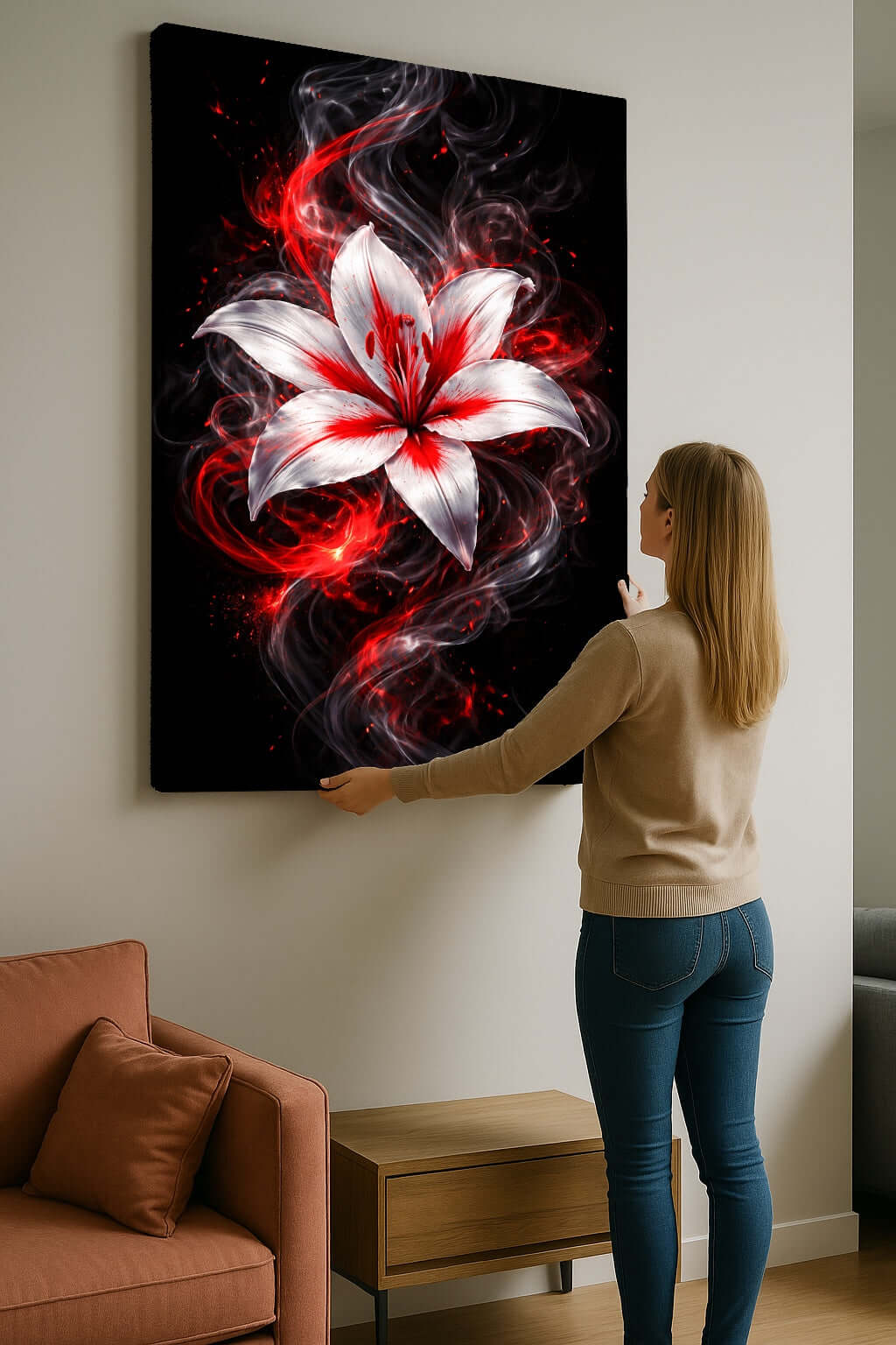 Canvas schilderij rode bloemen – Vuurrode Lelie op Zwart
