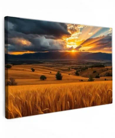 Canvas schilderij storm landschap – Stormy Sunset Over Wheat Fields