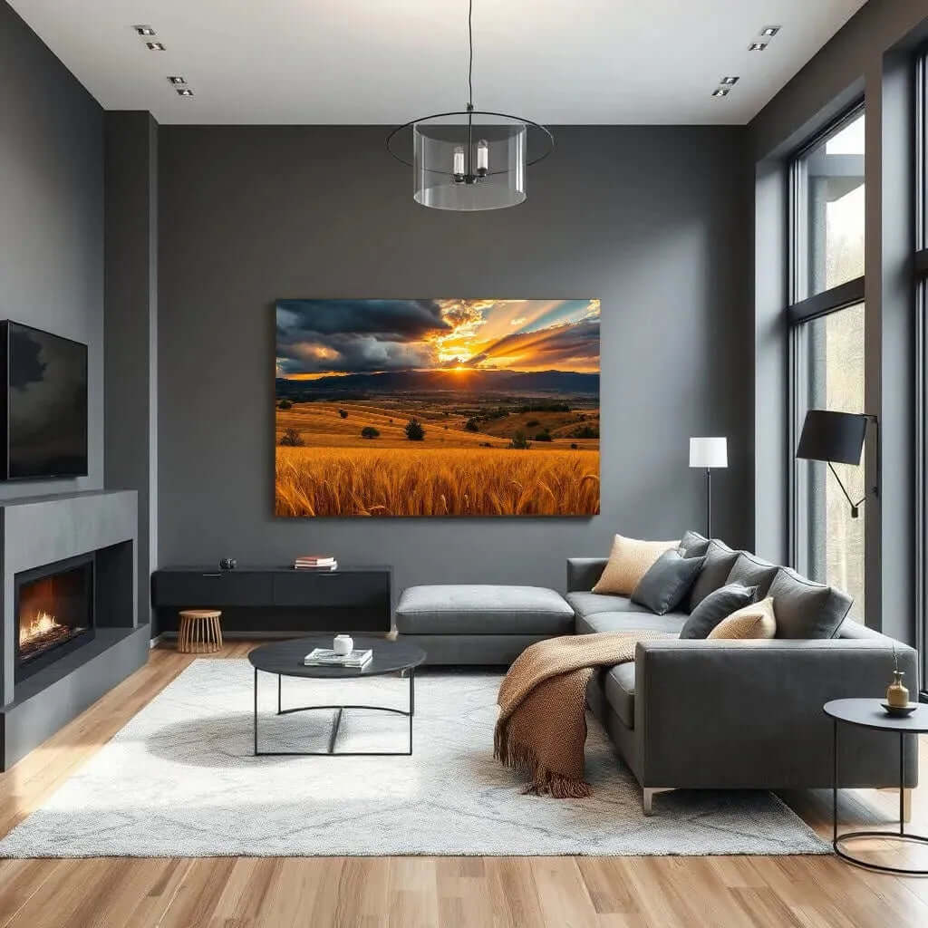 Canvas schilderij storm landschap – Stormy Sunset Over Wheat Fields