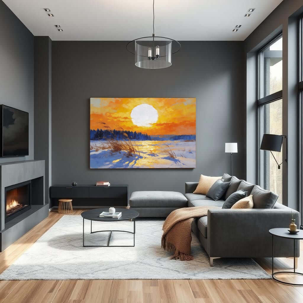 Canvas schilderij winter landschap – Winter Sunset over Snowy Reeds