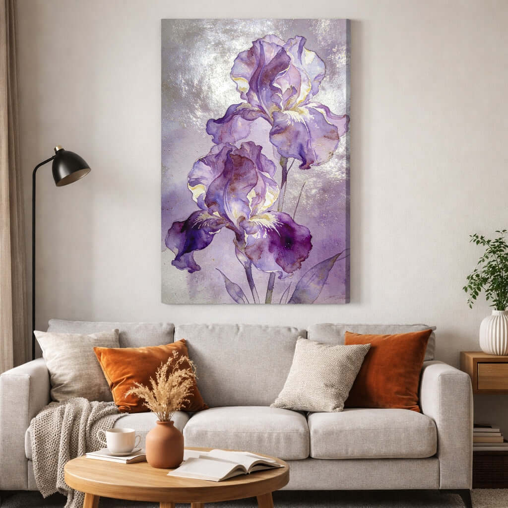 Canvas schilderij purple bloemen met paarse irissen in aquarel op een moderne muur