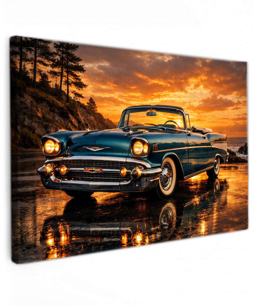 Canvas schilderij zonsondergang auto – 1957 Chevrolet Bel Air strand