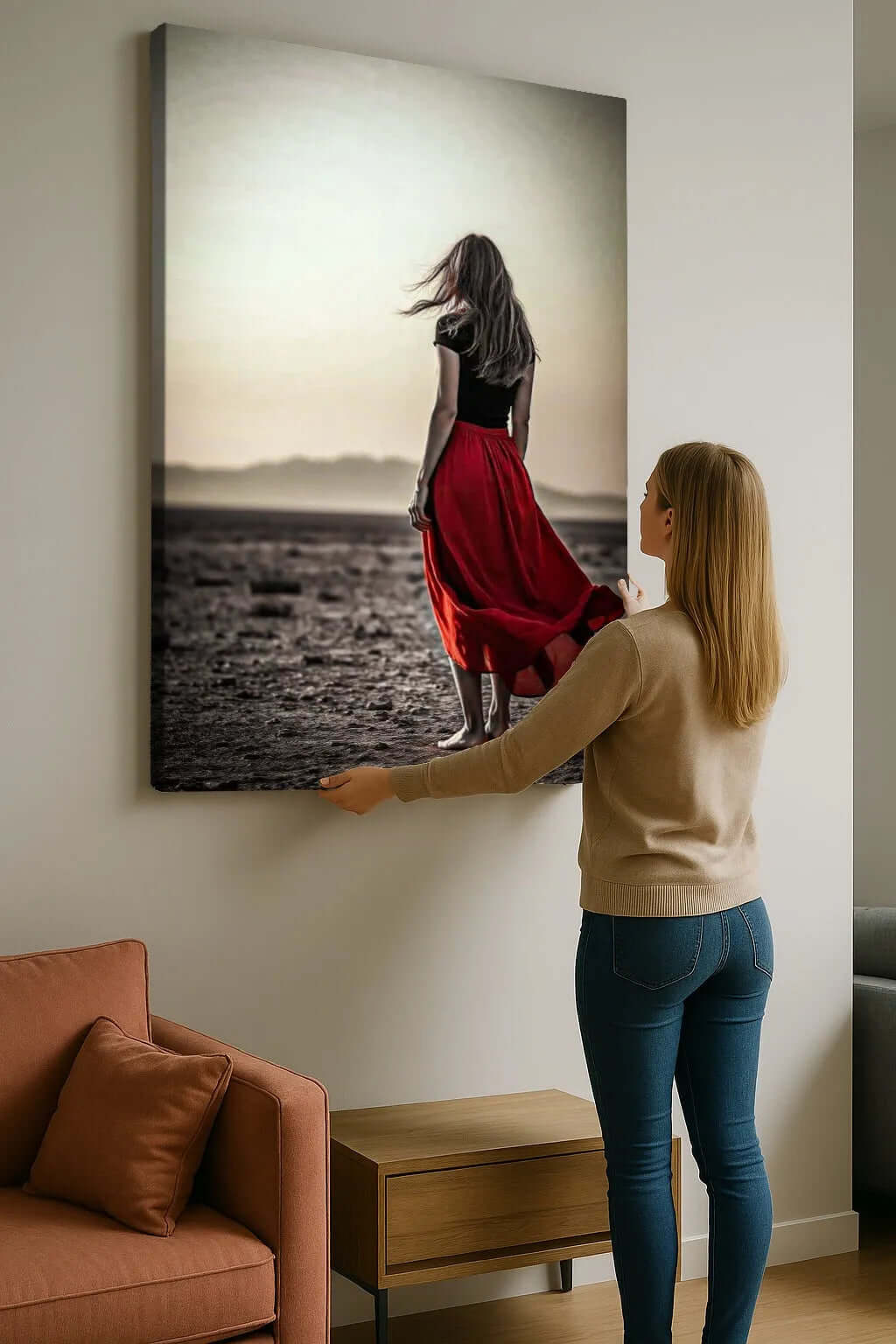 Rode jurk schilderij Crimson Solitude – stijlvolle canvas wanddecoratie woonkamer