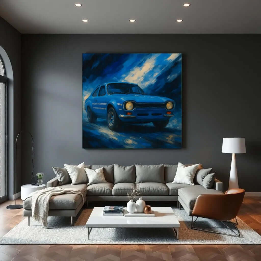 Canvas schilderij Escort Bleu Memories – stijlvolle auto wanddecoratie woonkamer