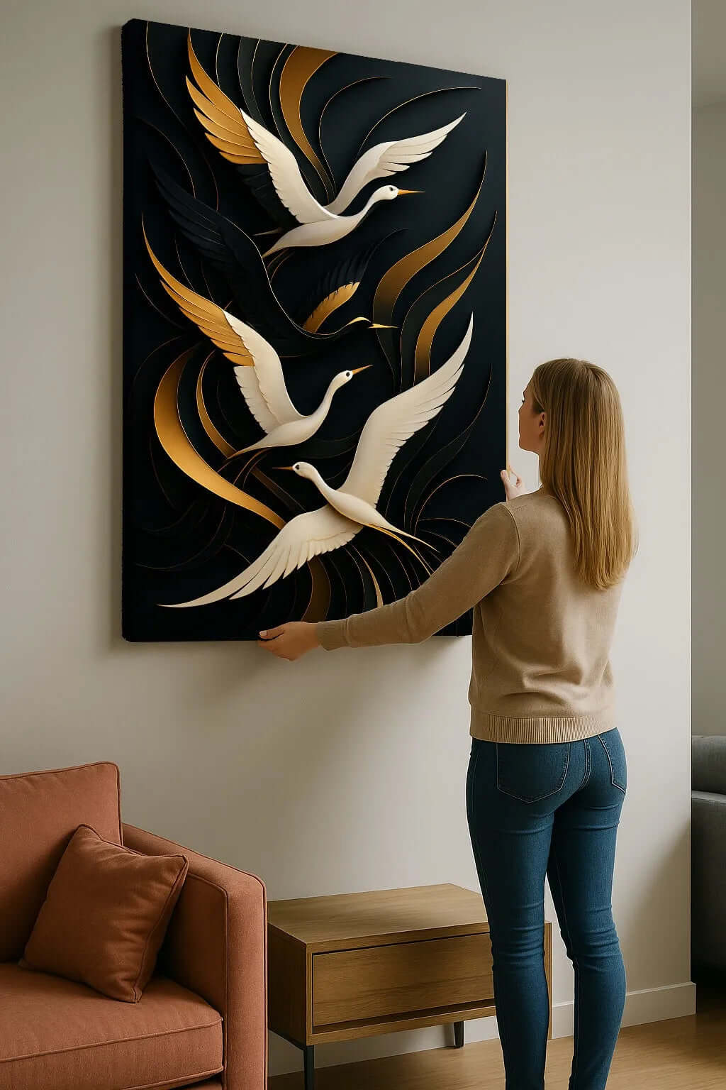 Canvas Schilderij Flight of Elegance – Luxe Wanddecoratie woonkamer met Gouden Accenten