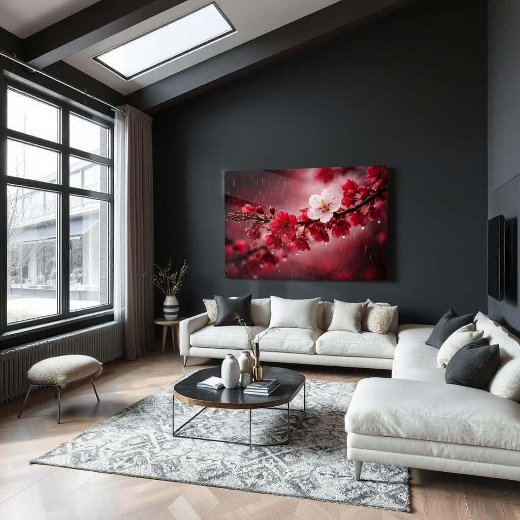 Glas Schilderij Regenbloesem Kunst woonkamer