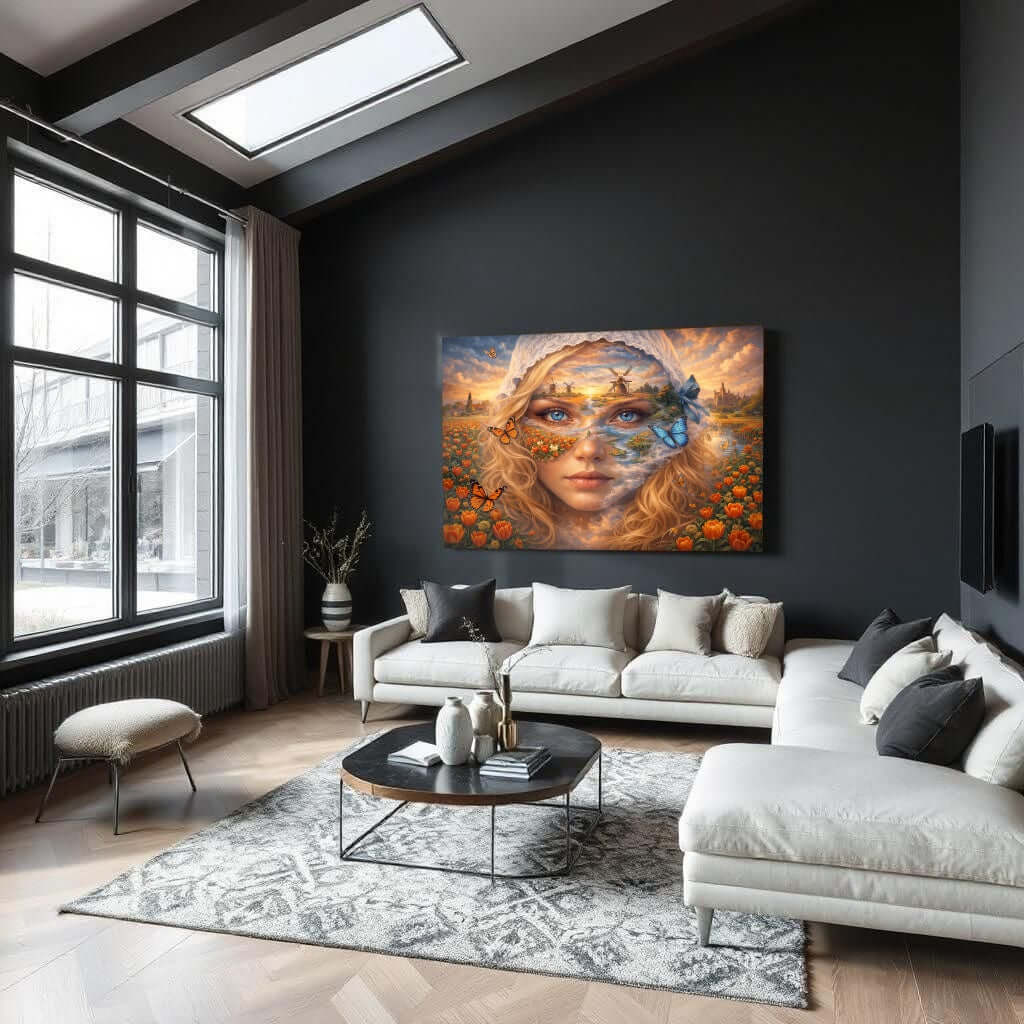 Glas Schilderij Tulpenvelden Portret met Windmolens
