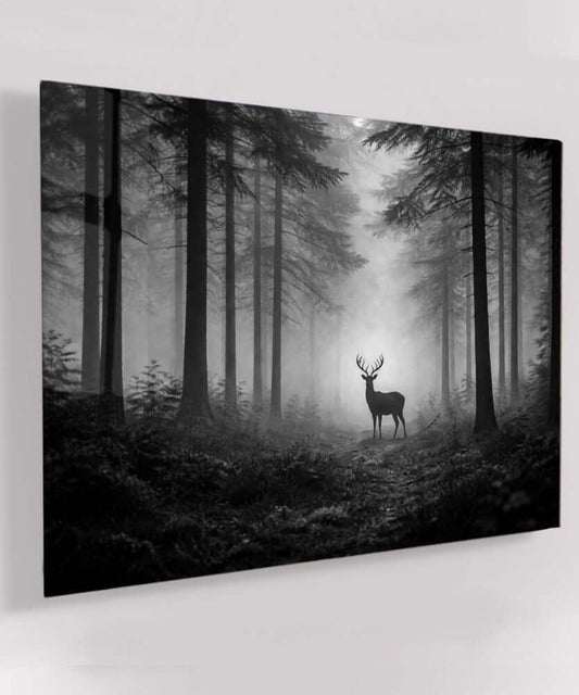 Glas Schilderij Zwart Wit Hert Bos