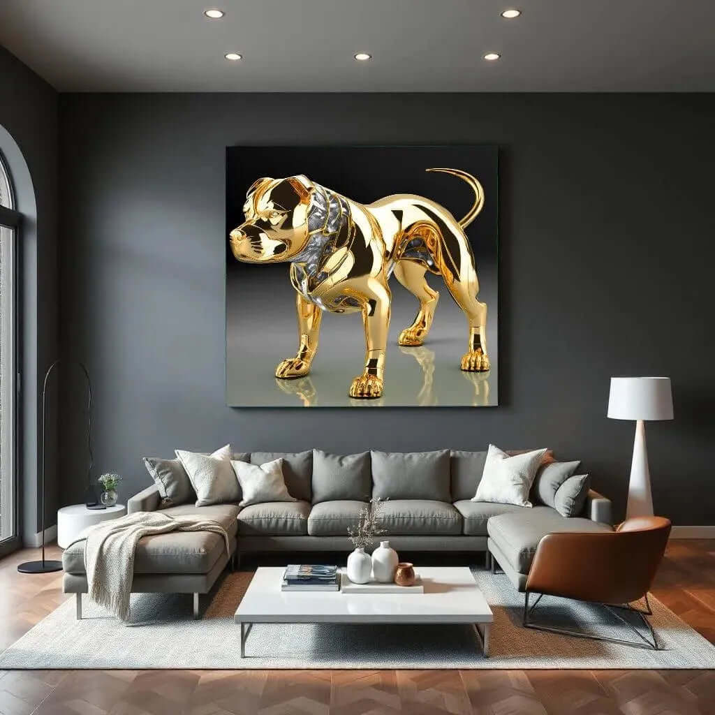 Golden Metal Dog canvas schilderij – moderne hond wanddecoratie woonkamer met luxe uitstraling