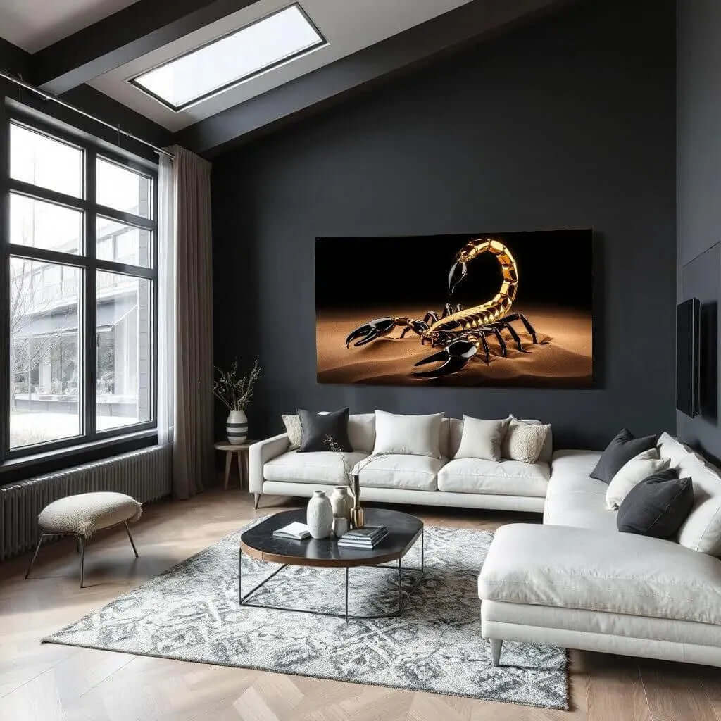 Canvas Scorpion Golden Stinger wanddecoratie in modern interieur met scorpioen op de muur.