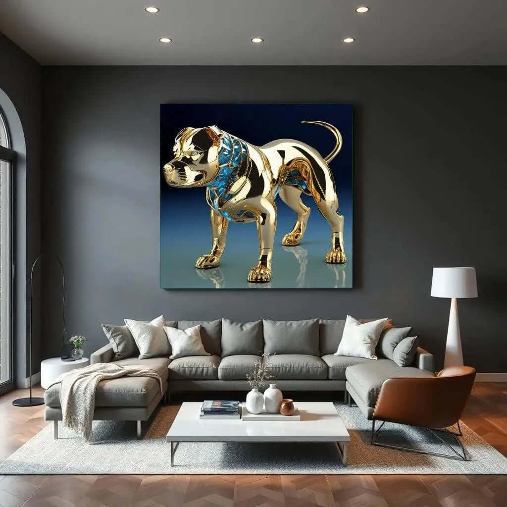 Gouden Hond Canvas Schilderij van een 24K Bulldog in een modern interieur met luxe uitstraling.