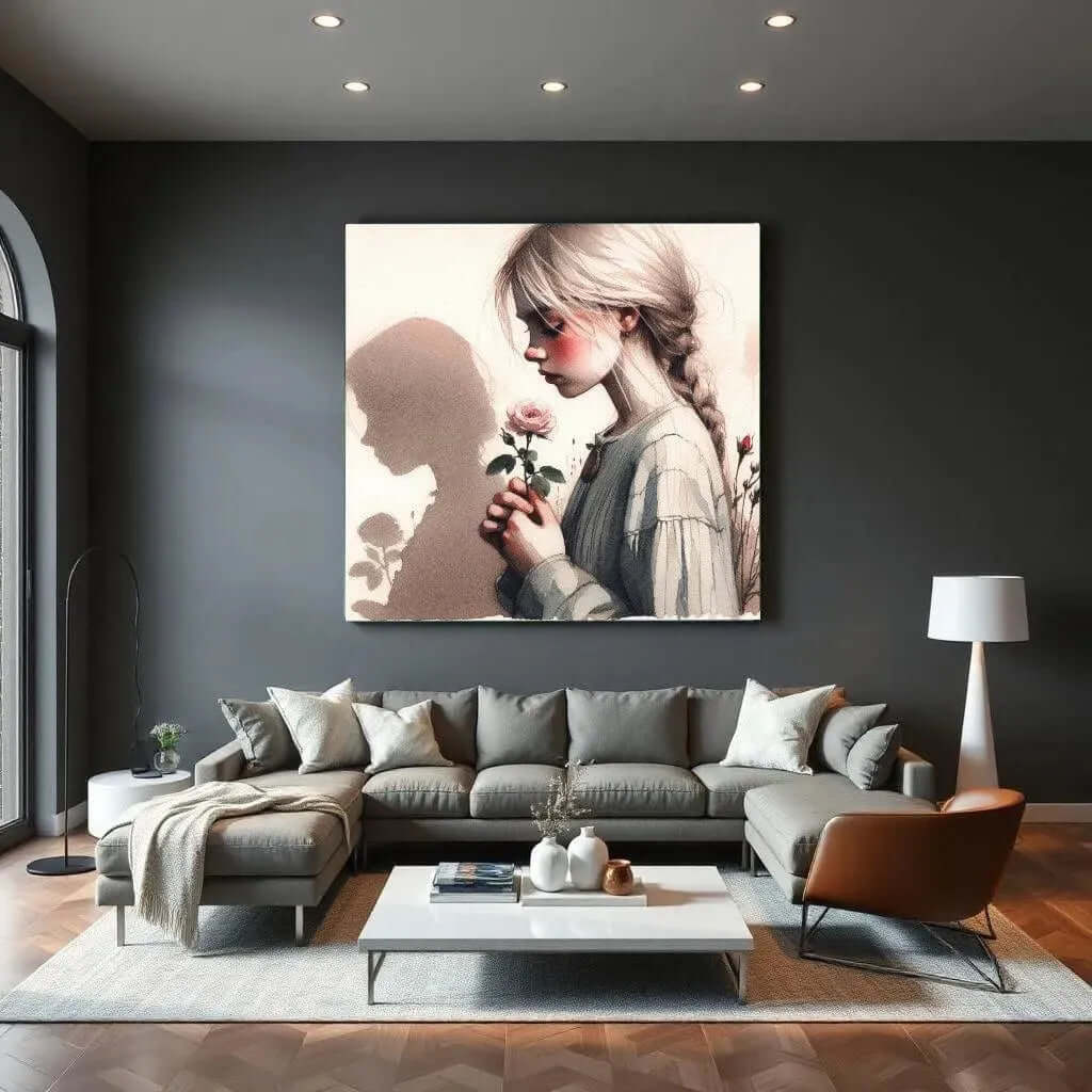 Roos Canvas Schilderij Wispered Rose in moderne woonkamer met zachte kleuren en elegant interieur.