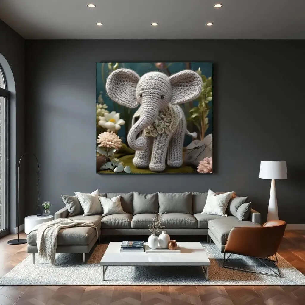 Gebreide olifant schilderij ‘Little Grey’ in een stijlvolle woonkamer met zachte grijstinten.