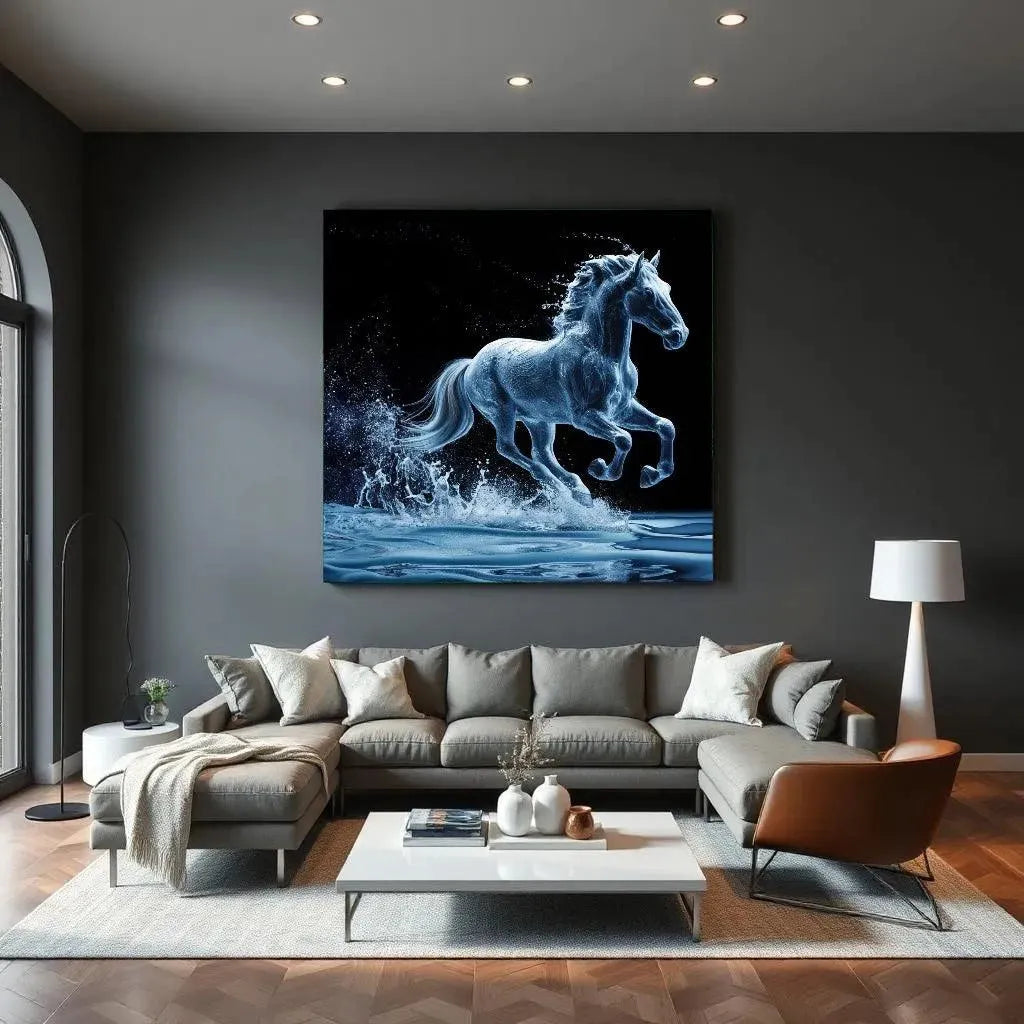 Water Paard Canvas Schilderij – Unieke wanddecoratie woonkamer met een krachtig en rustgevend water paard in beweging.