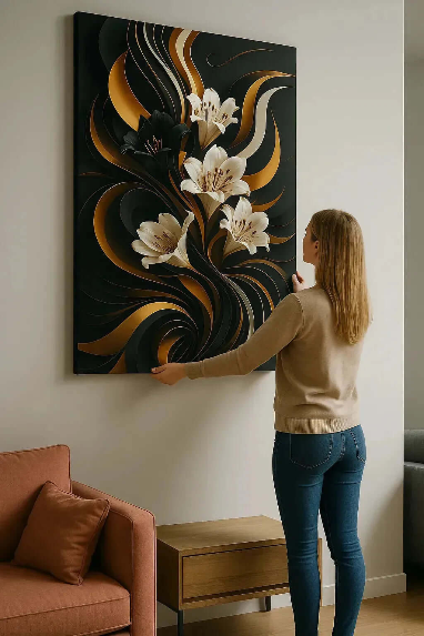 Canvas schilderij abstract zwart goud – Black & Gold Elegance, een vrouw hangt het schilderij aan de muur.