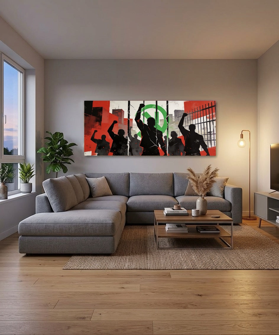 Canvas schilderij muziek – They Don’t Care About Us in een moderne woonkamer met een bank en een koffie tafel