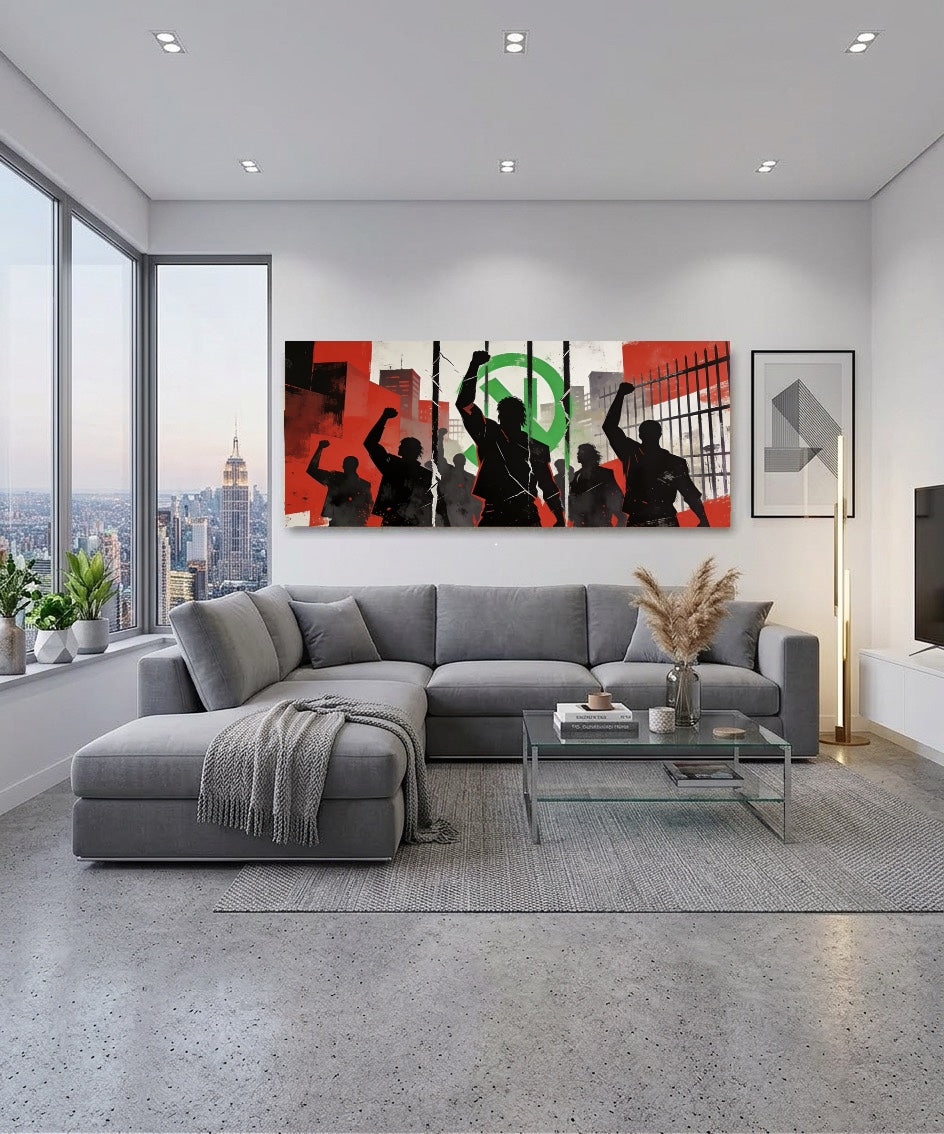 Canvas schilderij muziek – They Don’t Care About Us in modern interieur met een grijze bank