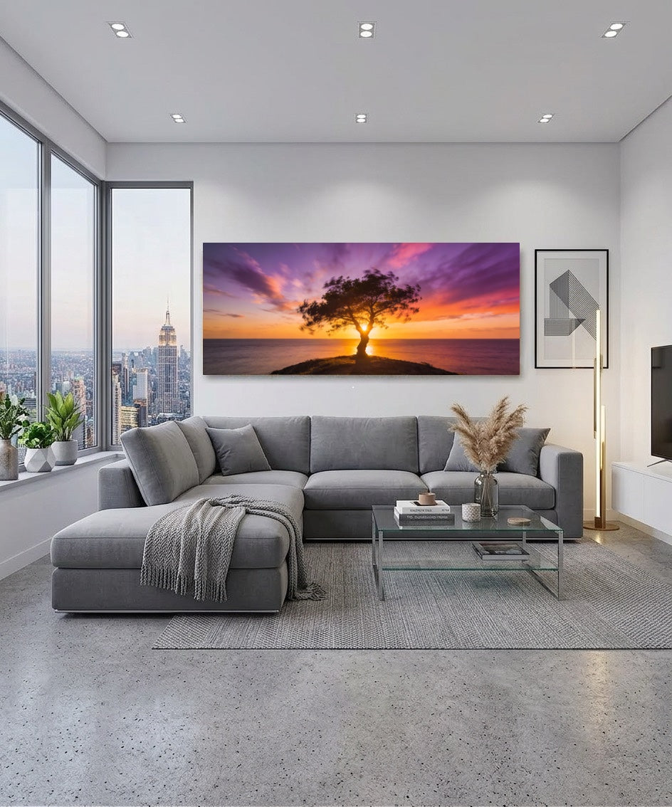 Canvas Schilderij Zonsondergang met Boom op Zee