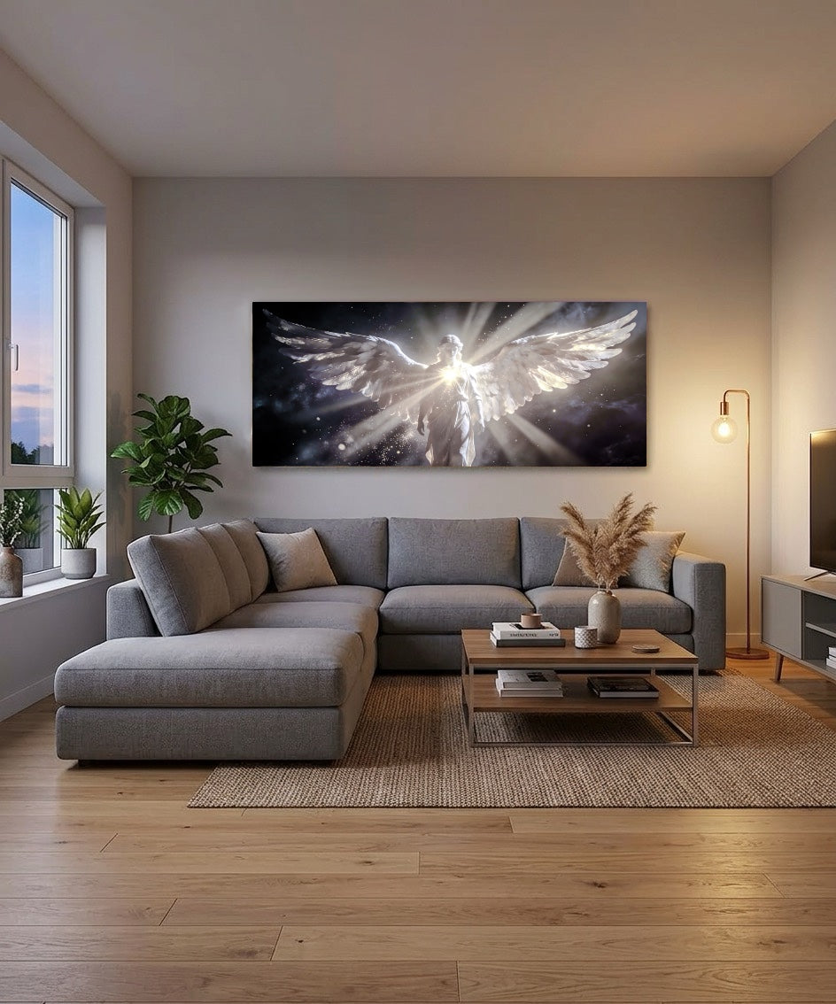 Engel met Lichtstralen Canvas Schilderij – Spirituele Wanddecoratie met Rustgevende Uitstraling