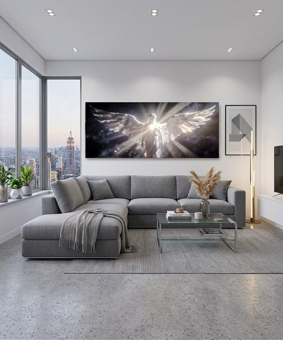 Engel met Lichtstralen Canvas Schilderij – Spirituele Wanddecoratie met Rustgevende Uitstraling