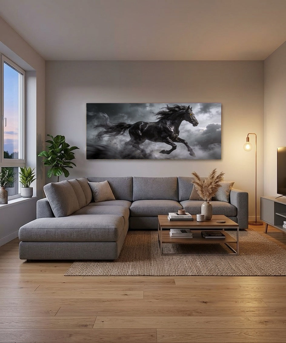Stormachtige Zwarte Hengst Canvas Schilderij – Krachtige Wanddecoratie met Impact