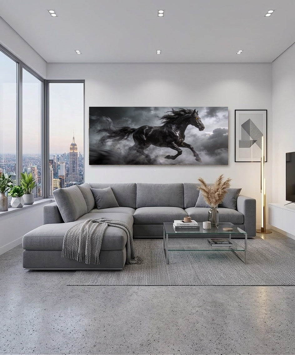 Stormachtige Zwarte Hengst Canvas Schilderij – Krachtige Wanddecoratie met Impact