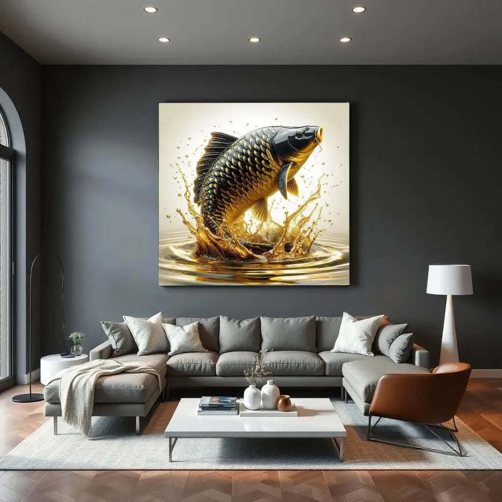 Carp Liquid Gold Canvas Schilderij – Luxe Karper Wanddecoratie mancave met Gouden Accenten