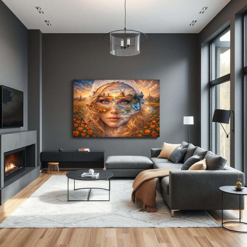 Canvas Schilderij Tulpenvelden Portret met Windmolens 