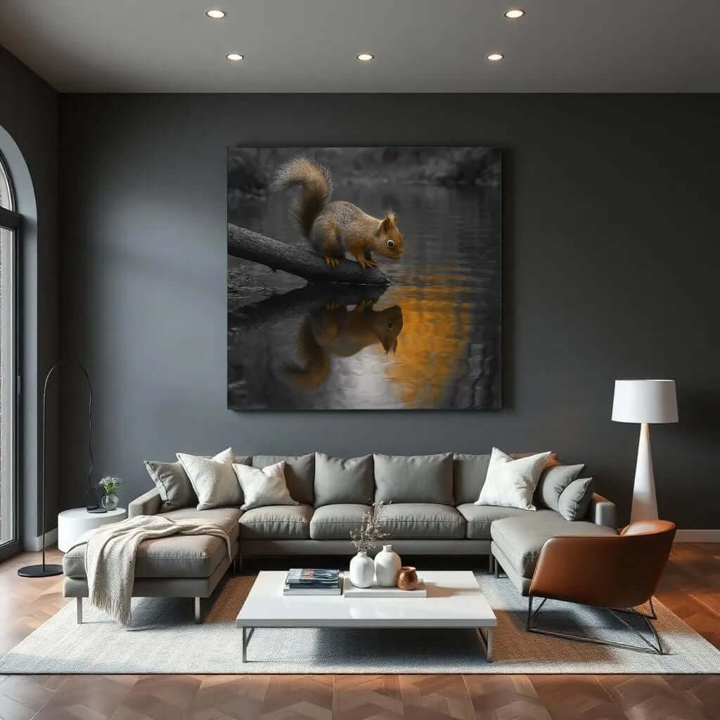 Squirrel Reflection canvas schilderij – kleurrijke eekhoorn wanddecoratie woonkamer