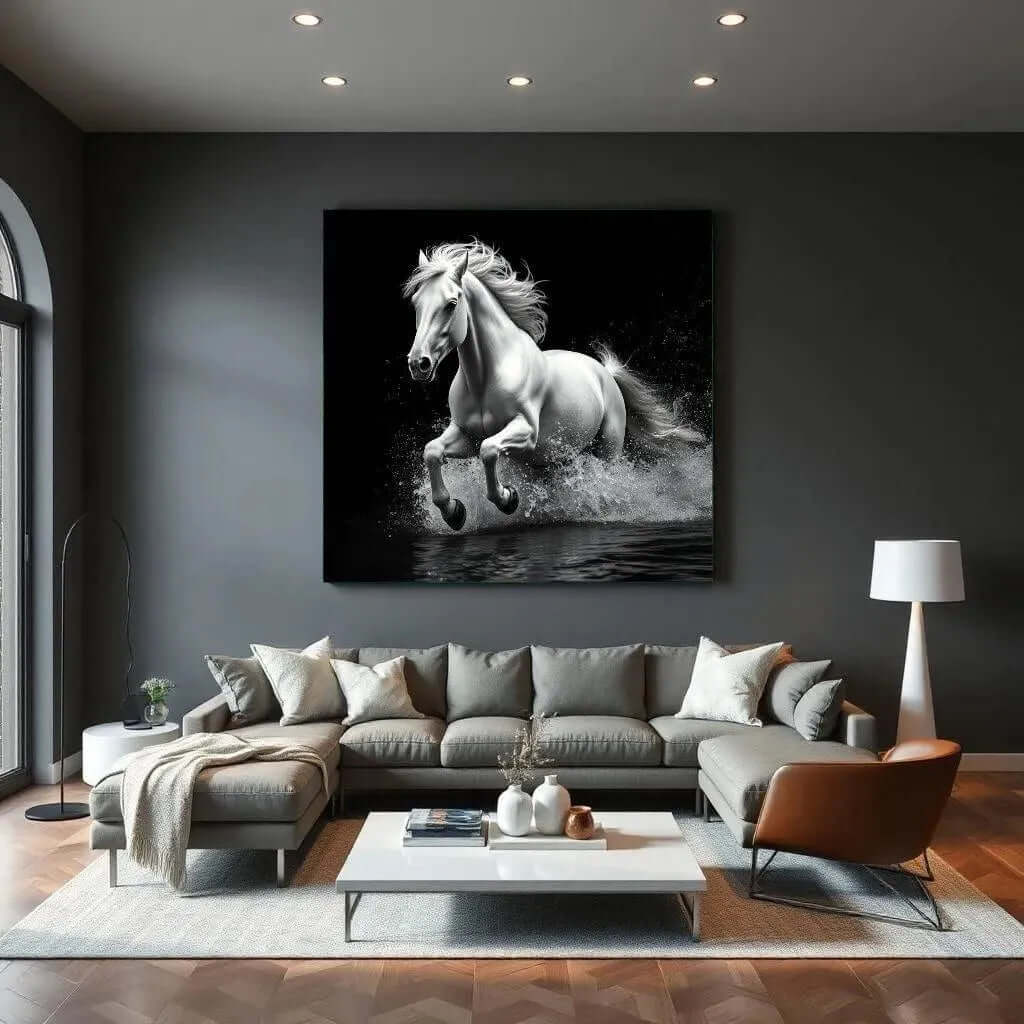 White Horse Stallion's Charge canvas schilderij – krachtige paard wanddecoratie woonkamer
