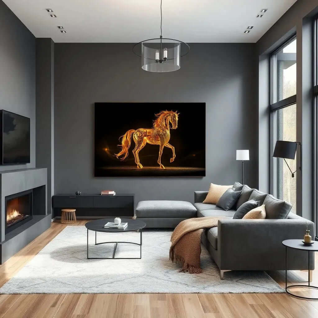 Fiery Mechanical Horse Canvas Schilderij – Unieke Wanddecoratie woonkamer met Kracht en Vuur