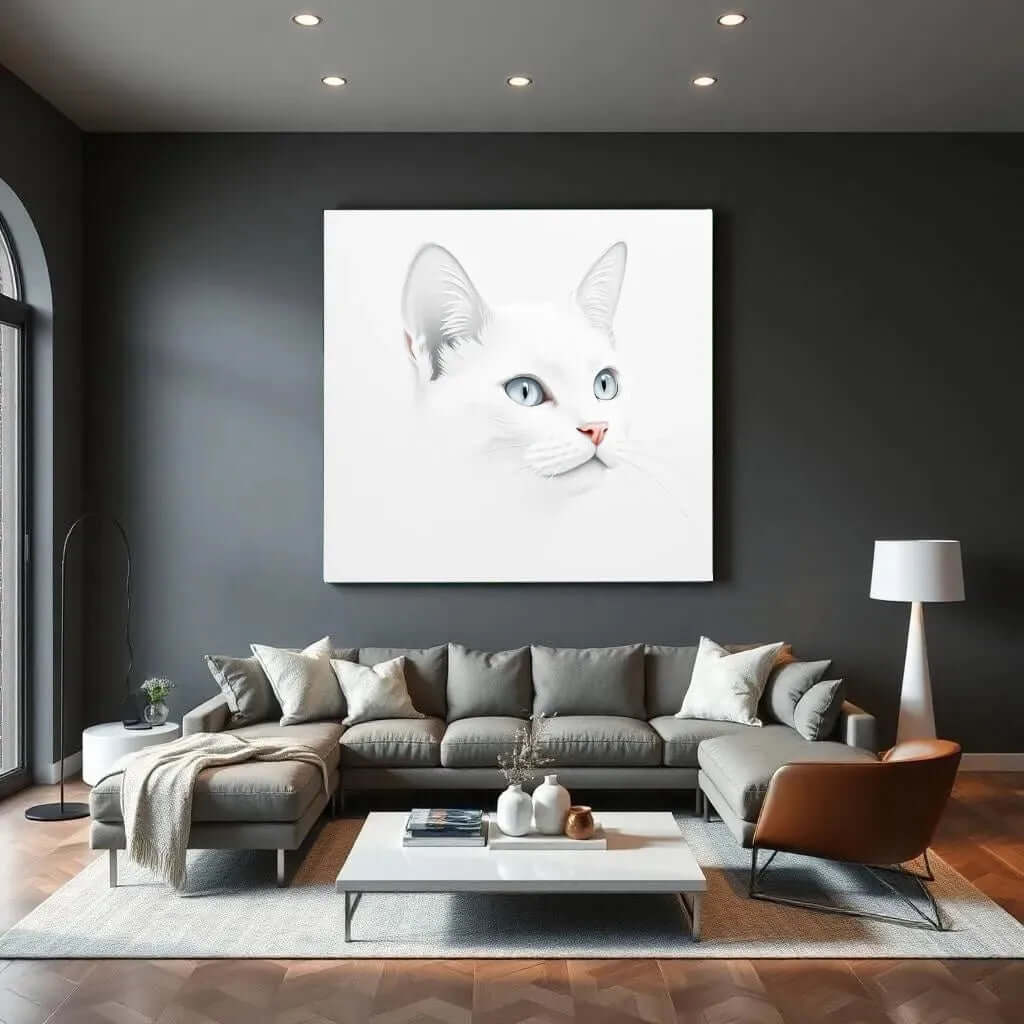 Minimalist White Cat Canvas Schilderij – Stijlvolle Rust voor je woonkamer