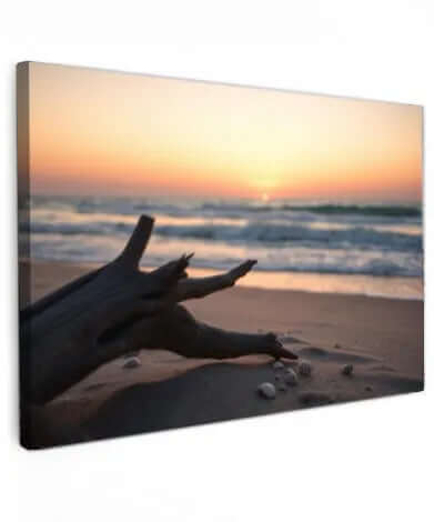 Driftwood Dusk canvas schilderij – rustgevende kust wanddecoratie