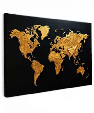 Gouden Wereld Canvas Schilderij – Luxe Wereldkaart Wanddecoratie voor een Stijlvol Interieur