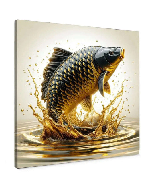 Carp Liquid Gold Canvas Schilderij – Luxe Karper Wanddecoratie met Gouden Accenten