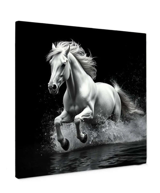 White Horse Stallion's Charge canvas schilderij – krachtige paard wanddecoratie