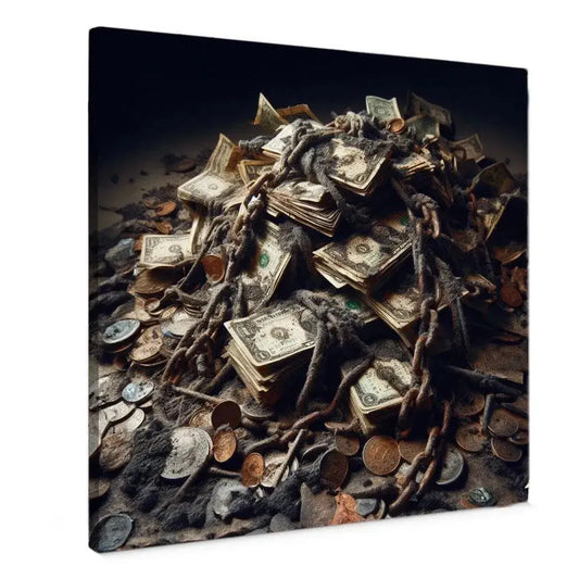 Canvas Dirty Money schilderij met een hoop geld en munten, perfect voor moderne interieurs en gedurfde wandkunst.