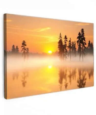 Golden Mist Sunrise Canvas Schilderij – Luxe Wanddecoratie met Warme Gouden Ochtendgloed