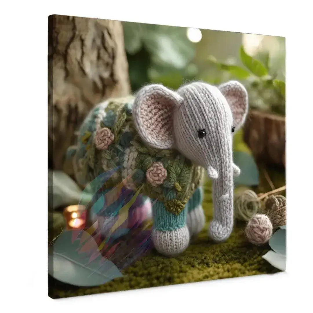 Gebreide olifant schilderij met Rosy de gebreide olifant in een natuurlijke omgeving met planten.