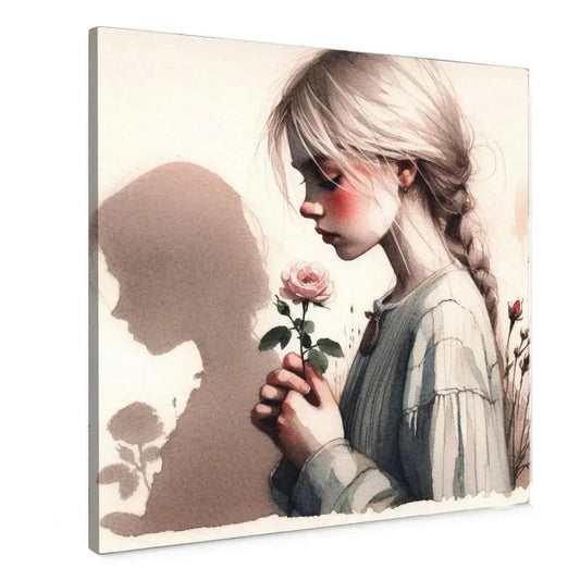 Roos Canvas Schilderij Wispered Rose - Schilderij van een meisje met een roos en haar schaduw, romantische sfeer.