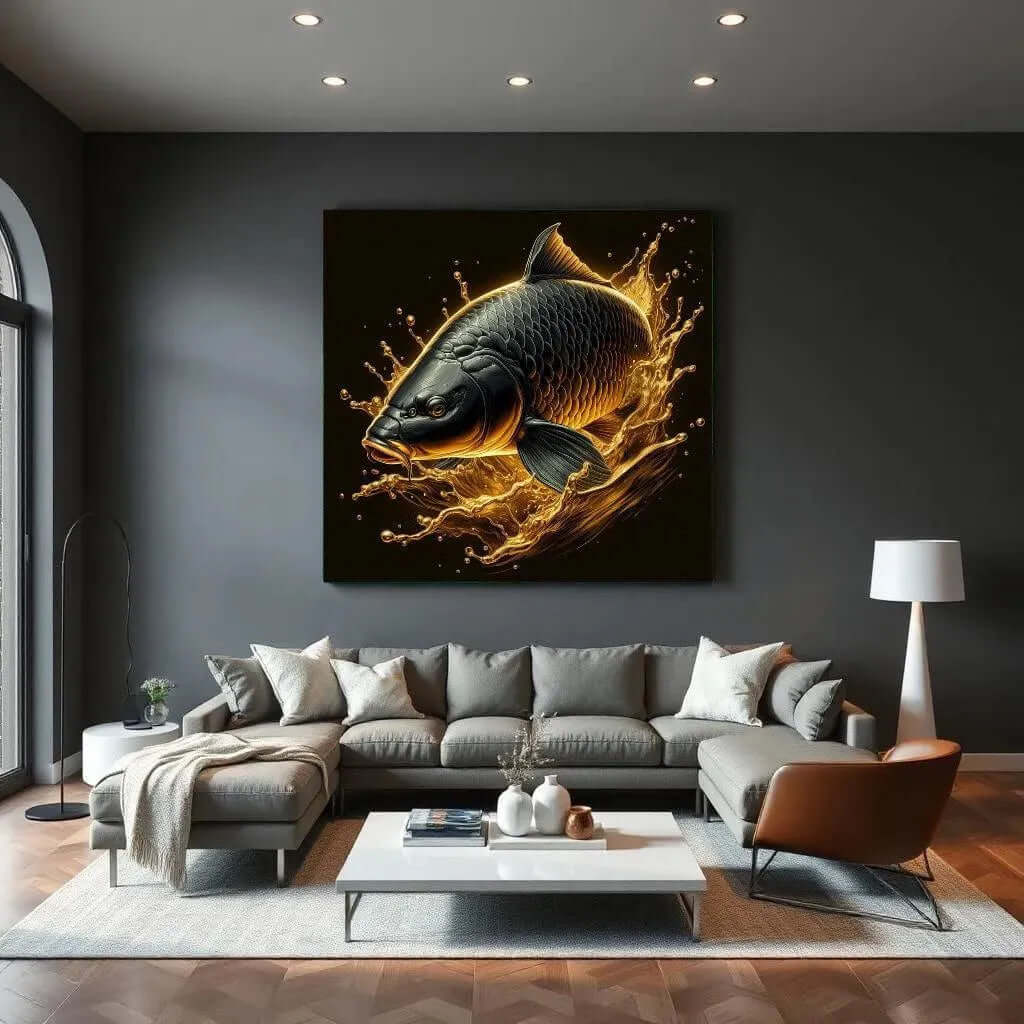 Carp in Golden Water – Uniek canvas schilderij met gouden karpers mancave