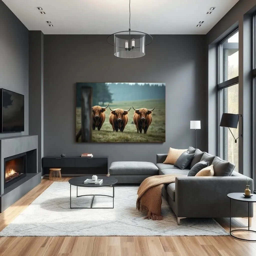Highland Trio canvas schilderij – stijlvolle Highland koe wanddecoratie voor je woonkamer