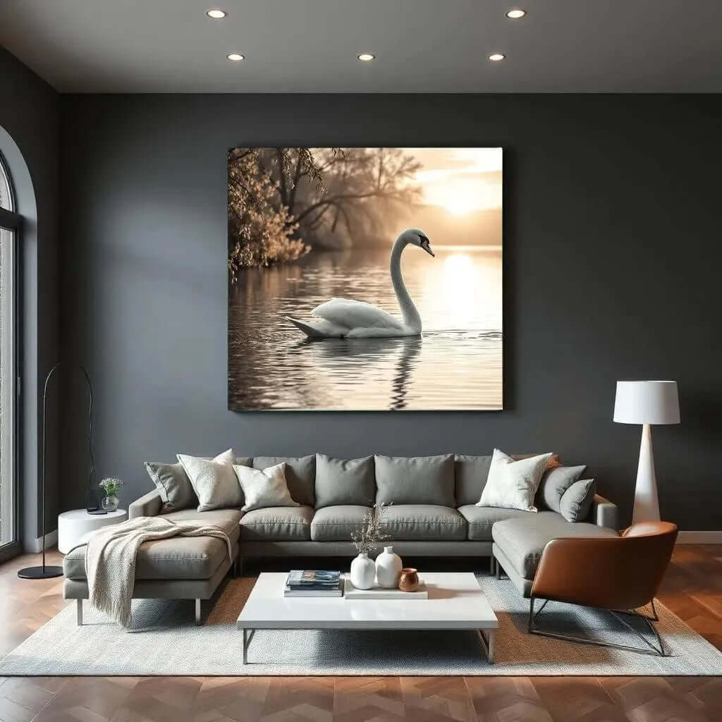 Swan at Sunset canvas schilderij - Serene afbeelding van een zwaan bij zonsondergang in moderne woonkamer.